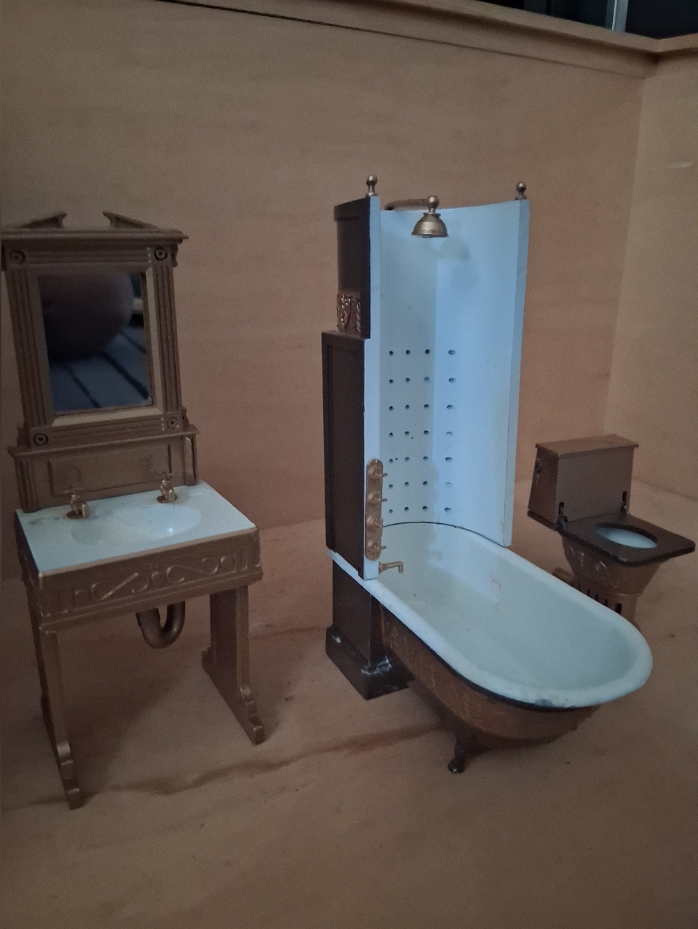 Vintage 1980s Dollhouse Bathroom Porcealin Cast Iron Gold